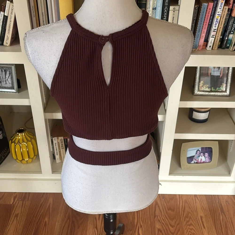Free People Burgundy Cropped Ribbed Tank Top with Cutouts Size XS‎